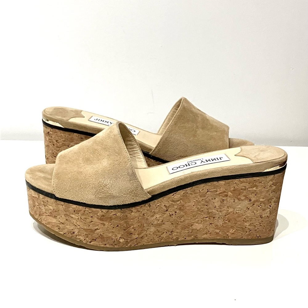 Jimmy Choo Beige Suede Cork Wedge Sandals 36
